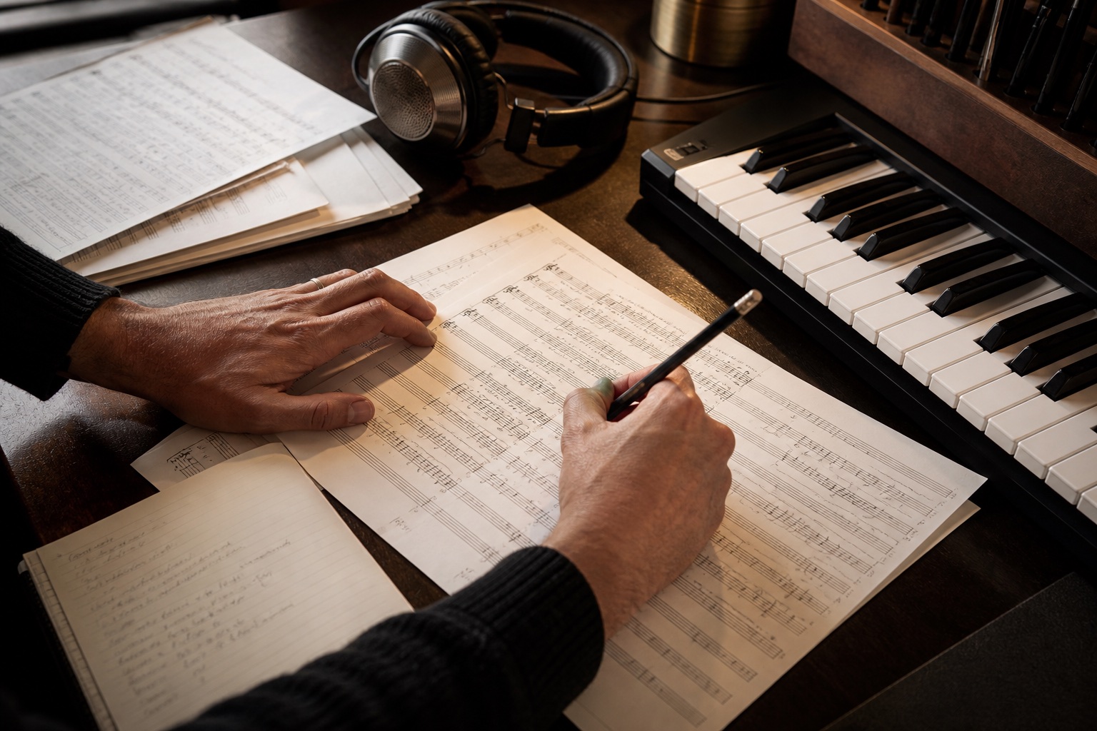 A composer annotating orchestral music at a studio workspace